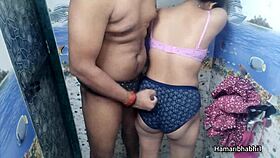 can you believe this indian bhabhi's handjob makes her husband cum on her blue panties in the bathroom?