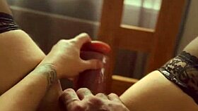 Blonde in stockings flashes pussy at window while dirty talking and ripping clothes