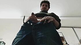 watch me sneak around the shop to jerk my big cock solo