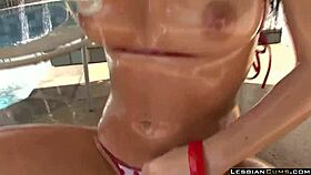 are these mature lesbians spilling oil on asses at pool?