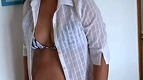 Beautiful Stepmother Feels Excited Showing Off On The Beach