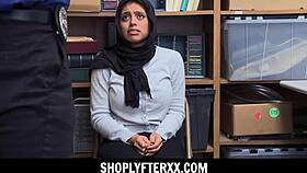 busty muslim teen in hijab says, punish fuck me for shoplifting!