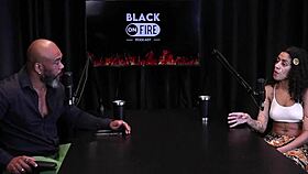 Latina Bibi Hourani shows hairy pussy and takes cum in mouth from Russian guy