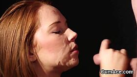 Naughty centerfold in blowbang swallows every sperm load on her face 😋