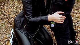 Long-haired brunette teen in leather leggings. Did you get facefucked outdoors?