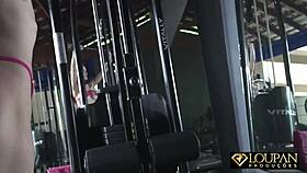Blonde exercises in gym with Fernanda Cassuriaga