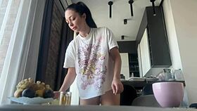 Sexy Fit Brunette Cleans House Naked Without Any Panties.