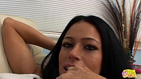 Experienced milf lesbian helps shy busty brunette eat pussy?