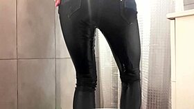 This housewife is desperate to pee in her jeans and pink high heels