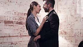 Hot long-legged brunette fucking her boss with a blowjob and riding!