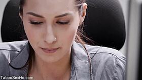 Hot long-legged brunette fucking her boss with a blowjob and riding!