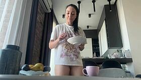 Sexy Fit Brunette Cleans House Naked Without Any Panties.