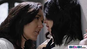 the tattooed waitress gets fingered and kissed by the dominant milf before strapon lezdom