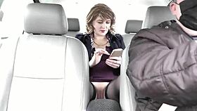 Naked milf rides taxi without panties in public