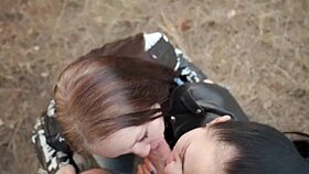 Yo, check these two hot chicks filming each other with my cock outdoors! They earned a massive facial!