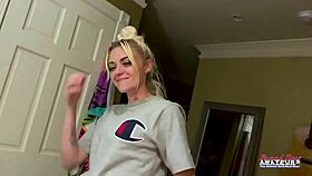 Petite inked blonde rubs her juicy tits and fingers her pussy 😍