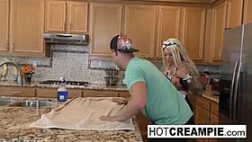Busty blonde maid gets slammed with creampie in steamy kitchen