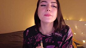 Amateur tattooed girl with piercing licks in bedroom