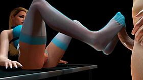 Hot blonde delivers footjob in long socks