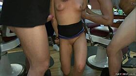 Blonde Gets Anal Fucked in Bizarre Barbershop Public Scene