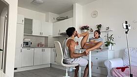 Skinny beauty moans during rough sex with fat addict