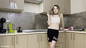 Stepsister gets rough anal fucking in the kitchen by her brother's lucky friend.