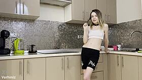 Stepsister gets rough anal fucking in the kitchen by her brother's lucky friend.