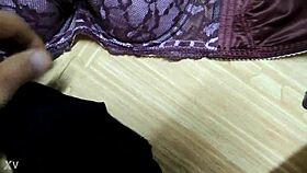 Cumshot on my step sister's pink leopard print bra with black lingerie