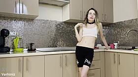 Stepsister gets rough anal fucking in the kitchen by her brother's lucky friend.