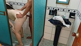 Hidden camera in bathroom catches Latina undressing. I jerk off then accidentally bang her!