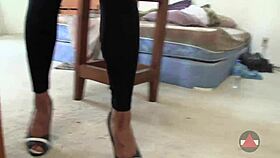 A dominant woman gives a rough shoejob with her feet on a cock in POV domination.