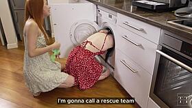 My friend and I got stuck in the kitchen, but the power of dick saved us with creampie.