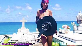 Slut Majick dances topless in slow motion at public cemetery