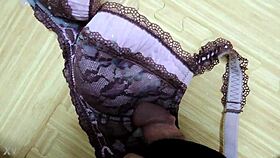 Cumshot on my step sister's pink leopard print bra with black lingerie