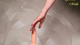 Hot milf in red fishnets rides dildo long