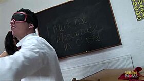 blindfolded student gets blowjob from brunette milf teacher, then doggystyle with facial