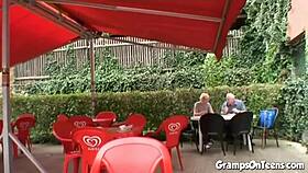 teen babe bent over by old man in wild woods