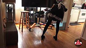 French Maid Vacuums House In Sexy Stockings And Cosplay Skirt For Hot Action!