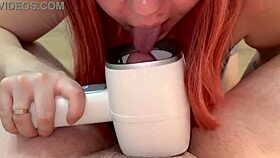 Redhead stepdaughter gives her stepdad a blowjob with a hair dryer