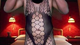 trying on a full body stocking from naked with blue masquerade in a collared room