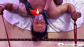 punishing filthy husband with scalding wax all over