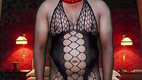 trying on a full body stocking from naked with blue masquerade in a collared room