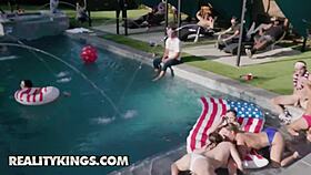 reality kings - jojo kiss & cali carter dive into 3some as ember snow gets banged poolside