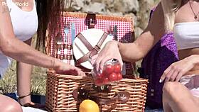 Picnic perfection: lesbian babes candee licious and olivia del rio share a strap-on in the countryside, licking and riding each other. 😍