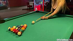 Pool game turns into slutty public toilet blowjob thrill.