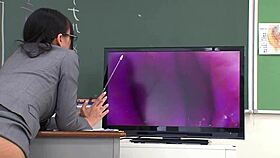i seduced my skinny japanese nympho teacher into a double creampie fuck in the classroom, licking her petite pussy