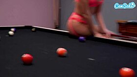 sexy hot lesbians lick and scissor on the pool table.