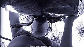 Bluee Performs Outdoor Blowjob on Big Cock with Deep Throat and Facial Cumshot.