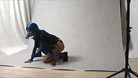 Amateur cosplay raven in public outdoor setting