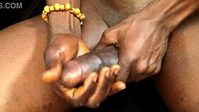 Ebony girl masturbates pussy over big black cock!